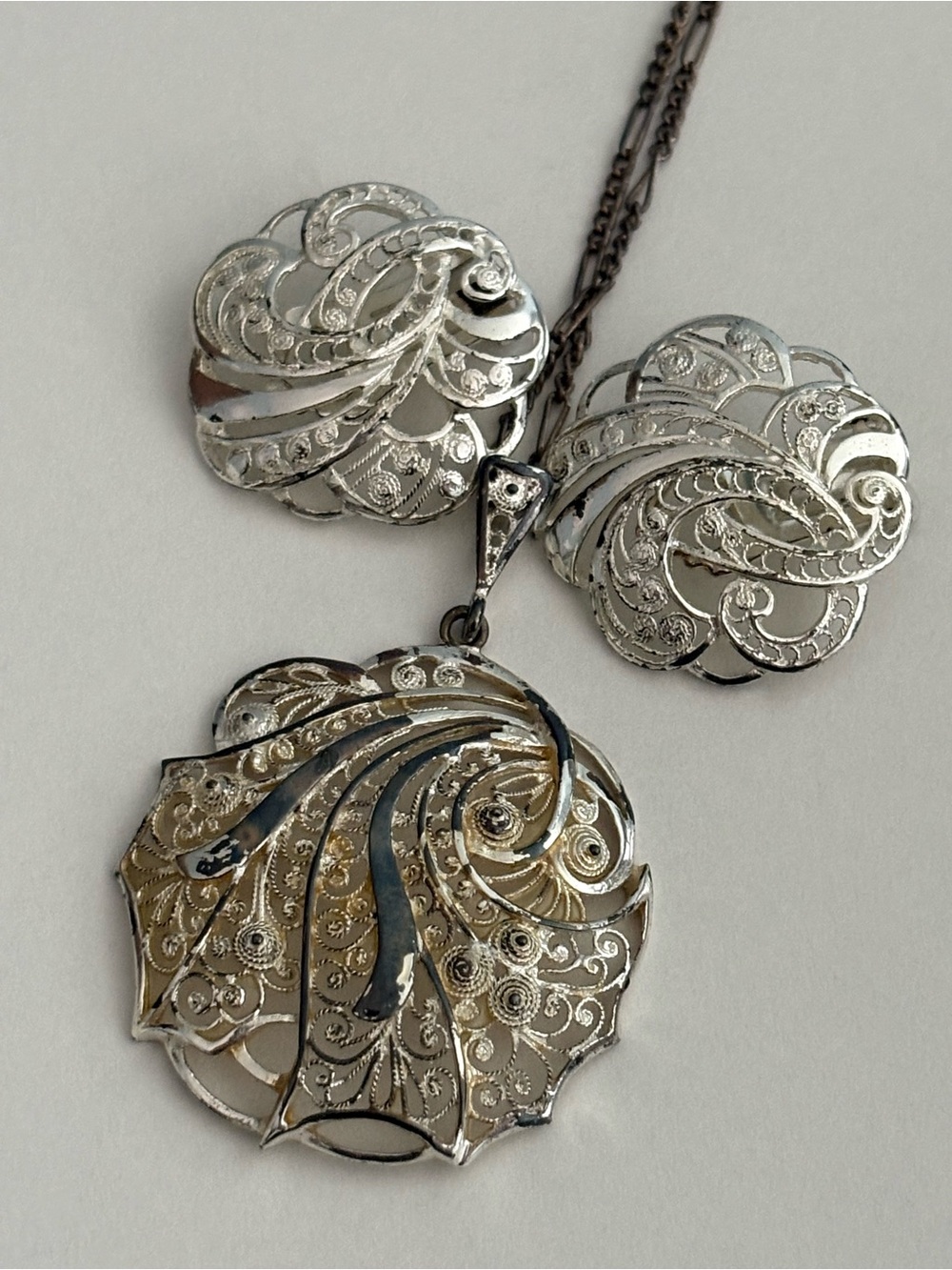 Filigree Swirl Two-Tone Pendant Necklace and Earrings - Silver
